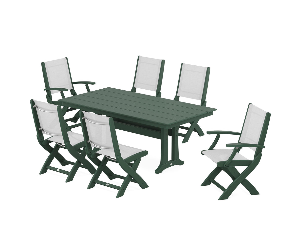 POLYWOOD Coastal Folding Chair 7-Piece Farmhouse Dining Set with Trestle Legs in Green / White