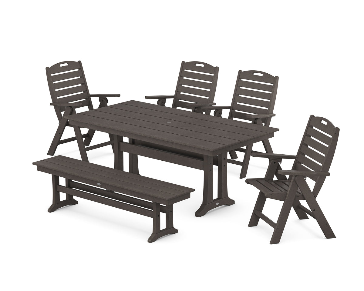 POLYWOOD Nautical Highback 6-Piece Farmhouse Dining Set with Trestle Legs and Bench in Vintage Coffee