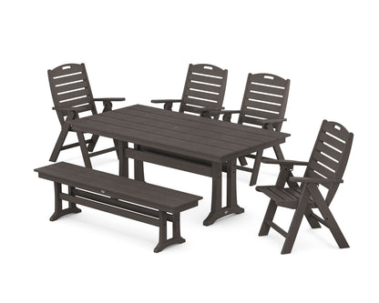 POLYWOOD Nautical Highback 6-Piece Farmhouse Dining Set with Trestle Legs and Bench in Vintage Coffee
