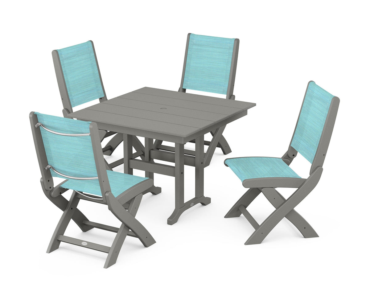 POLYWOOD Coastal Folding Side Chair 5-Piece Farmhouse Dining Set in Slate Grey / Dupioni Aquamarine