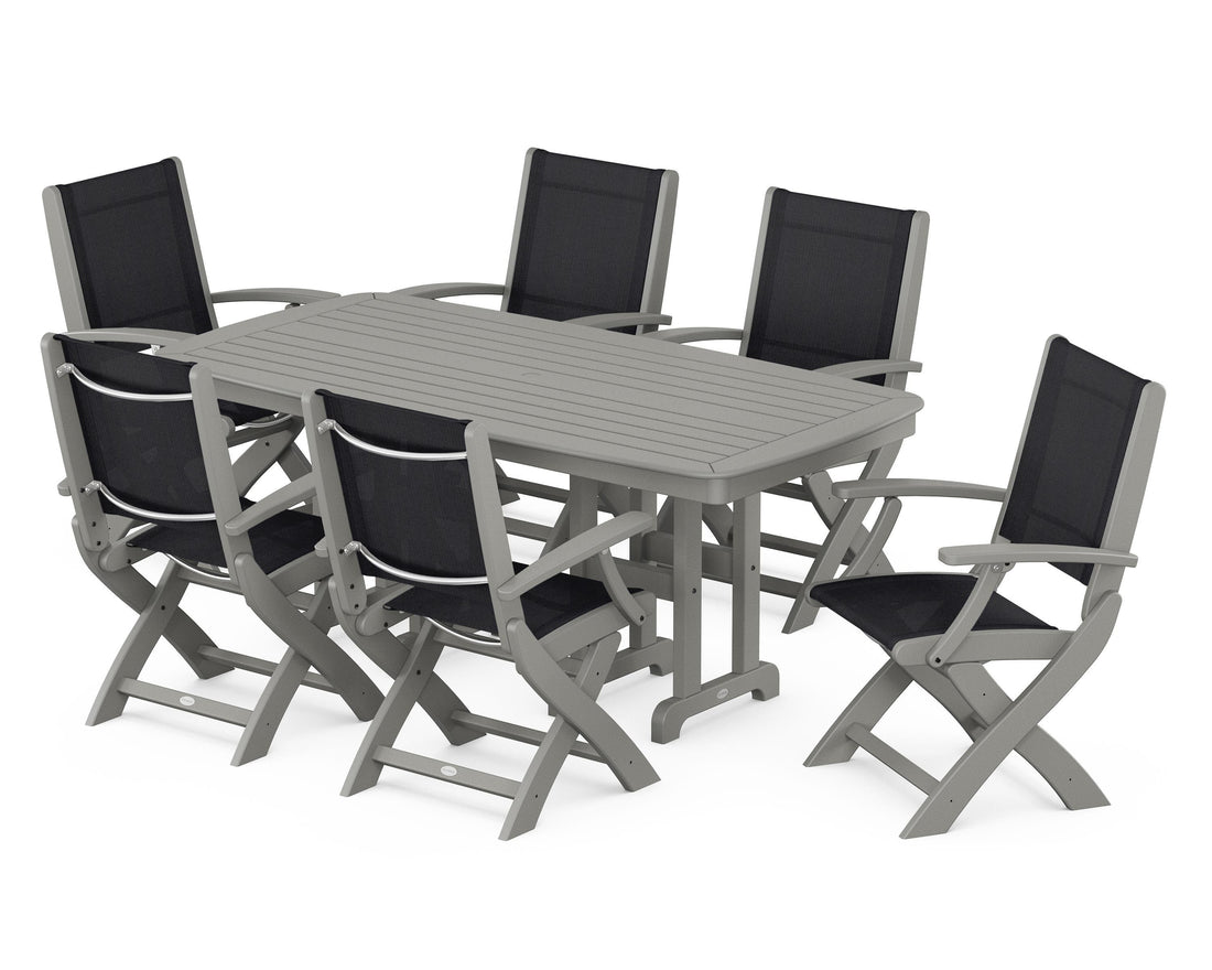 POLYWOOD Coastal Folding Arm Chair 7-Piece Dining Set in Slate Grey / Black