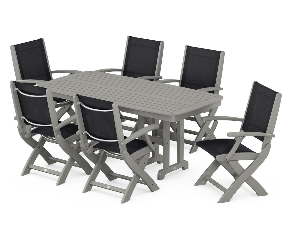 POLYWOOD Coastal Folding Arm Chair 7-Piece Dining Set in Slate Grey / Black
