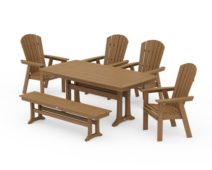 POLYWOOD Nautical Curveback Adirondack 6-Piece Dining Set with Trestle Legs and Bench in Natural