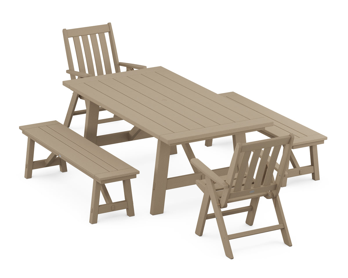 POLYWOOD Vineyard Folding Chair 5-Piece Rustic Farmhouse Dining Set with Benches in Vintage Sahara
