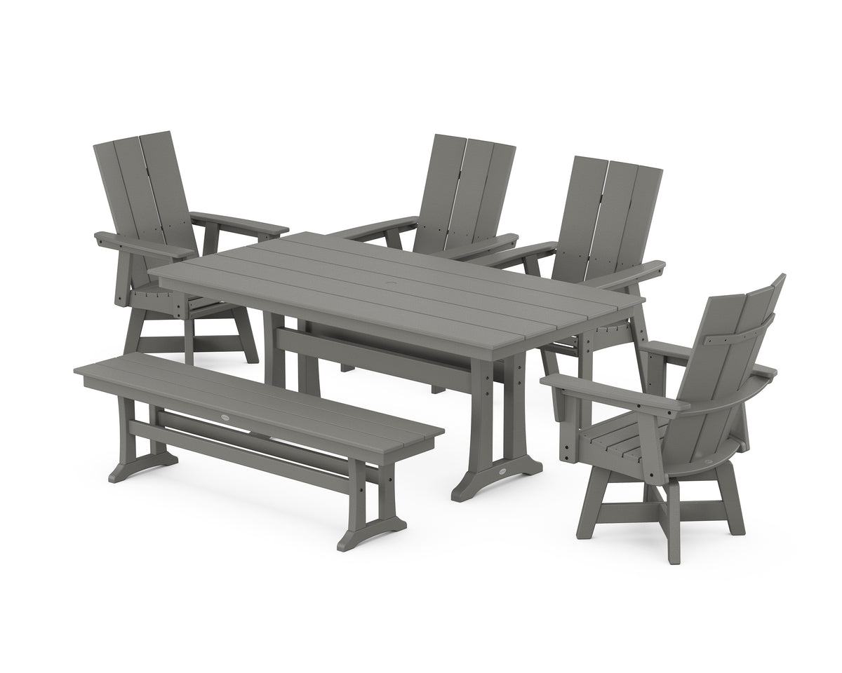 POLYWOOD Modern Curveback Adirondack Swivel Chair 6-Piece Farmhouse Dining Set with Trestle Legs and Bench in Slate Grey