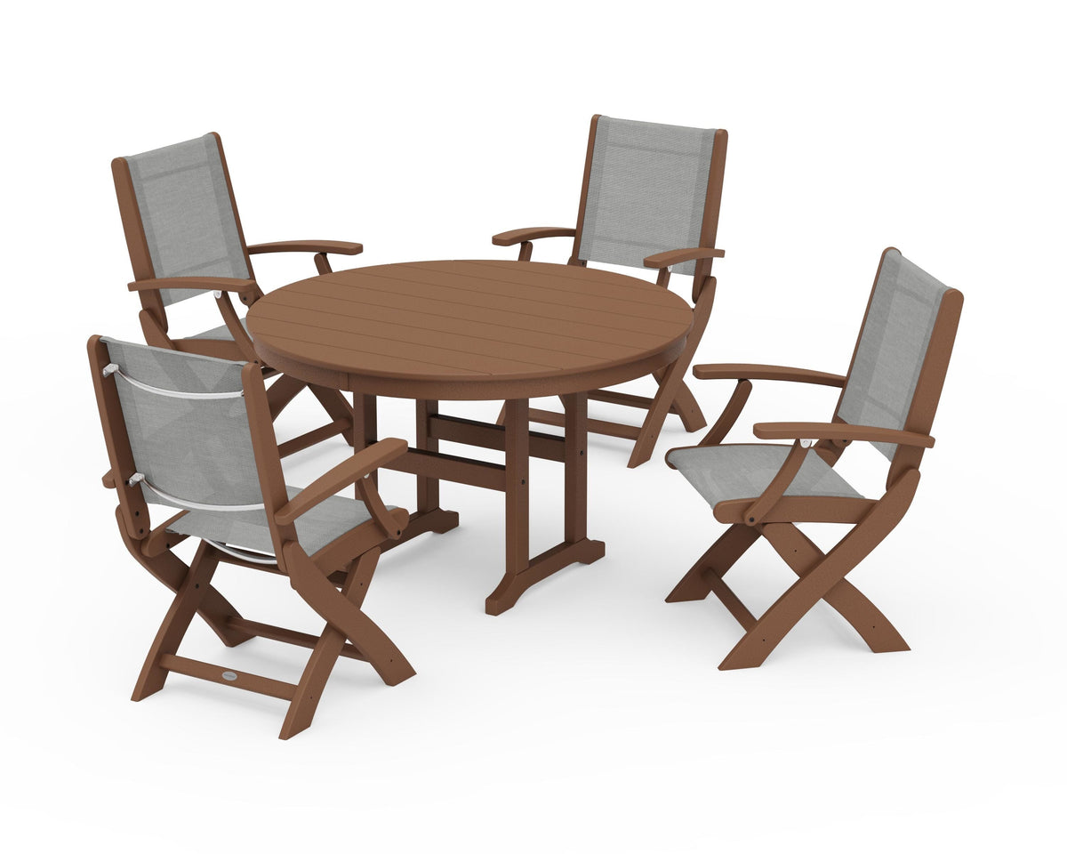 POLYWOOD Coastal Folding Chair 5-Piece Round Dining Set in Teak / Metallic