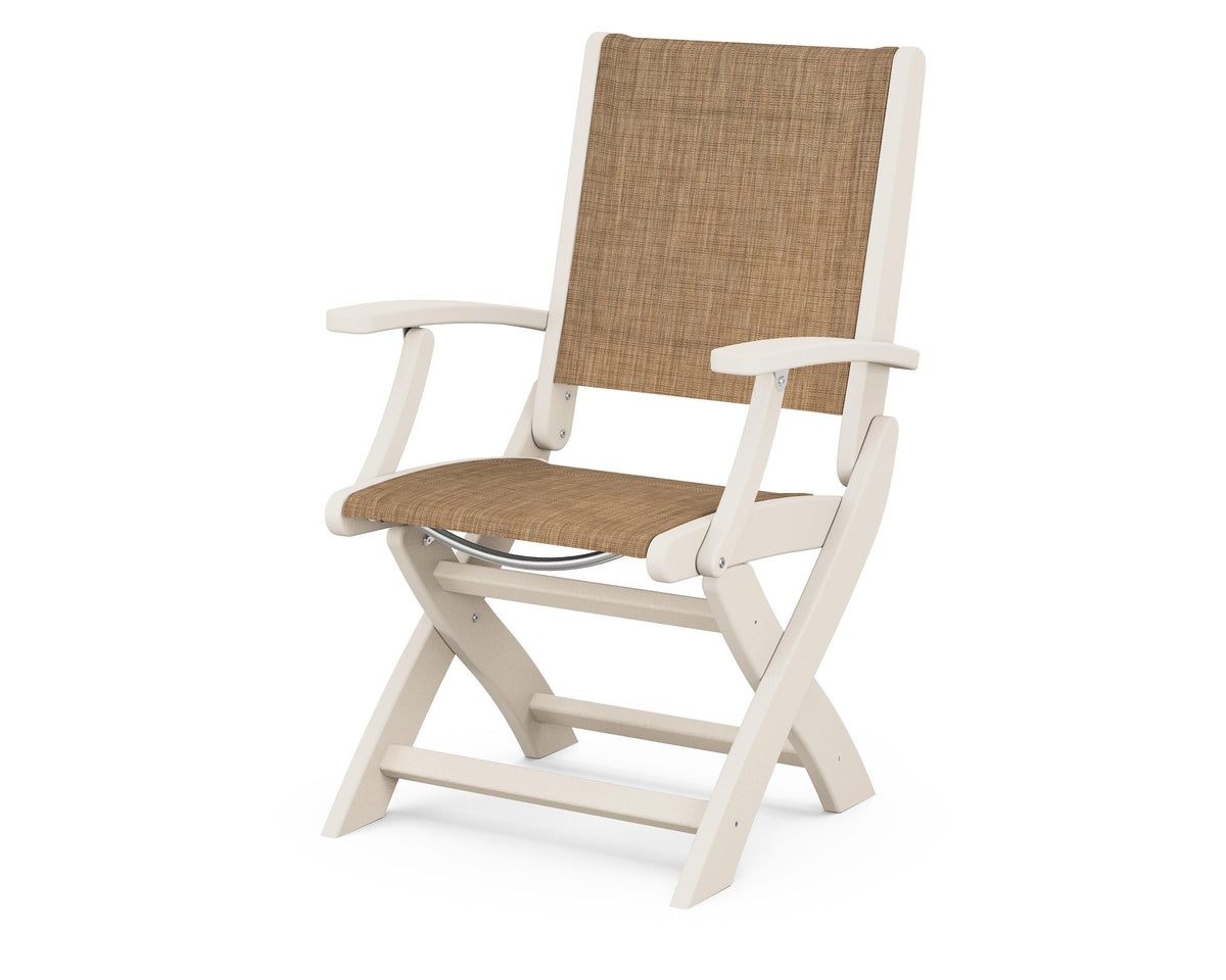 POLYWOOD Coastal Folding Chair in Sand with Sand arms and Burlap sling