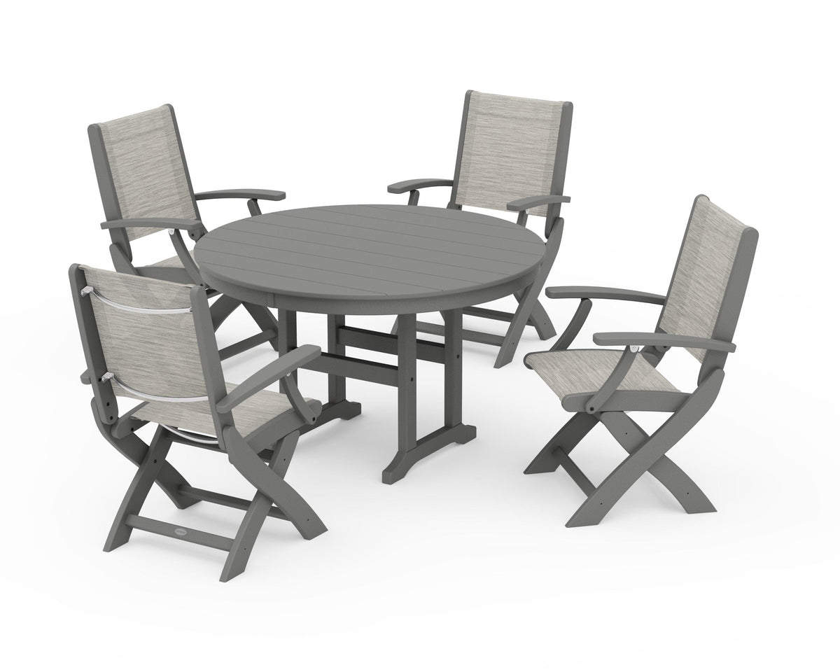 POLYWOOD Coastal Folding Chair 5-Piece Round Dining Set in Slate Grey / Birch