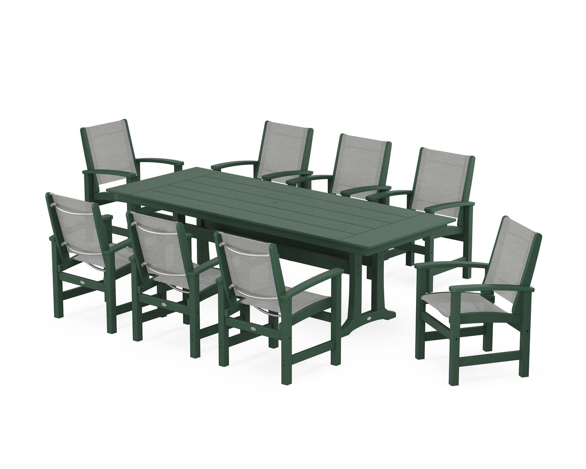 POLYWOOD Coastal 9-Piece Farmhouse Dining Set with Trestle Legs in Green / Metallic