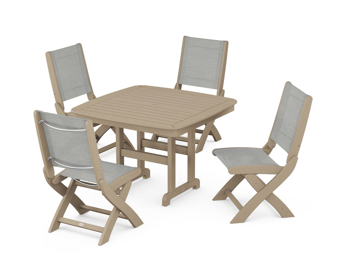 POLYWOOD Coastal Folding Side Chair 5-Piece Dining Set with Nautical 44" Dining Table in Vintage Sahara / Metallic