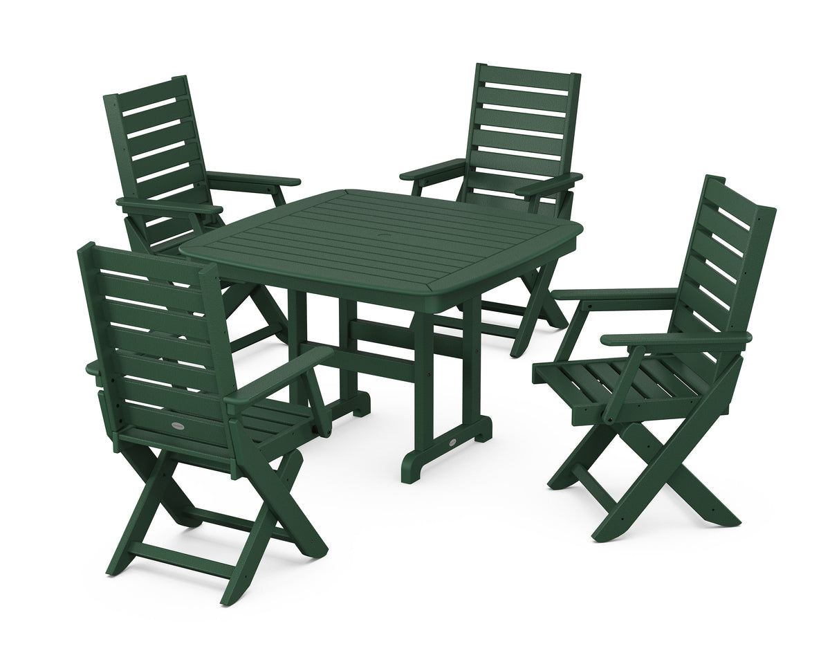 POLYWOOD Captain Folding Chair 5-Piece Dining Set with Trestle Legs - 44" Table in Green