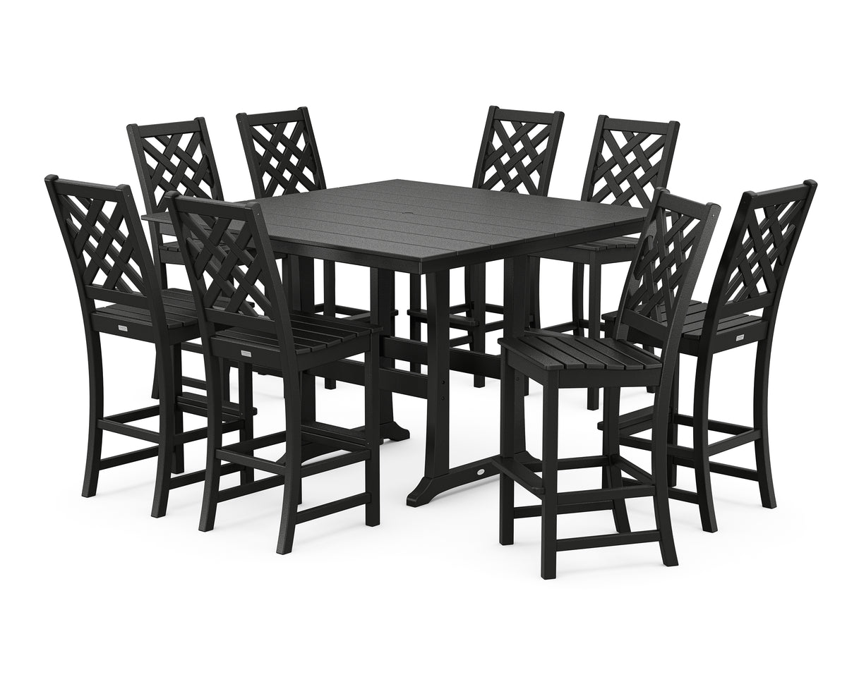 POLYWOOD Country Living Wovendale Side Chair 9-Piece Square Farmhouse Bar Set with Trestle Legs in Black