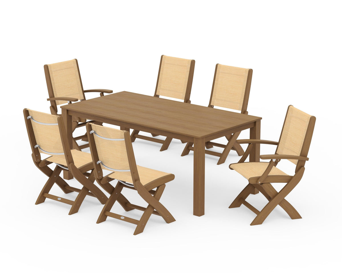 POLYWOOD Coastal Folding Chair 7-Piece Parsons Dining Set with Coastal Folding Side Chair in Natural / Dupioni Apricot