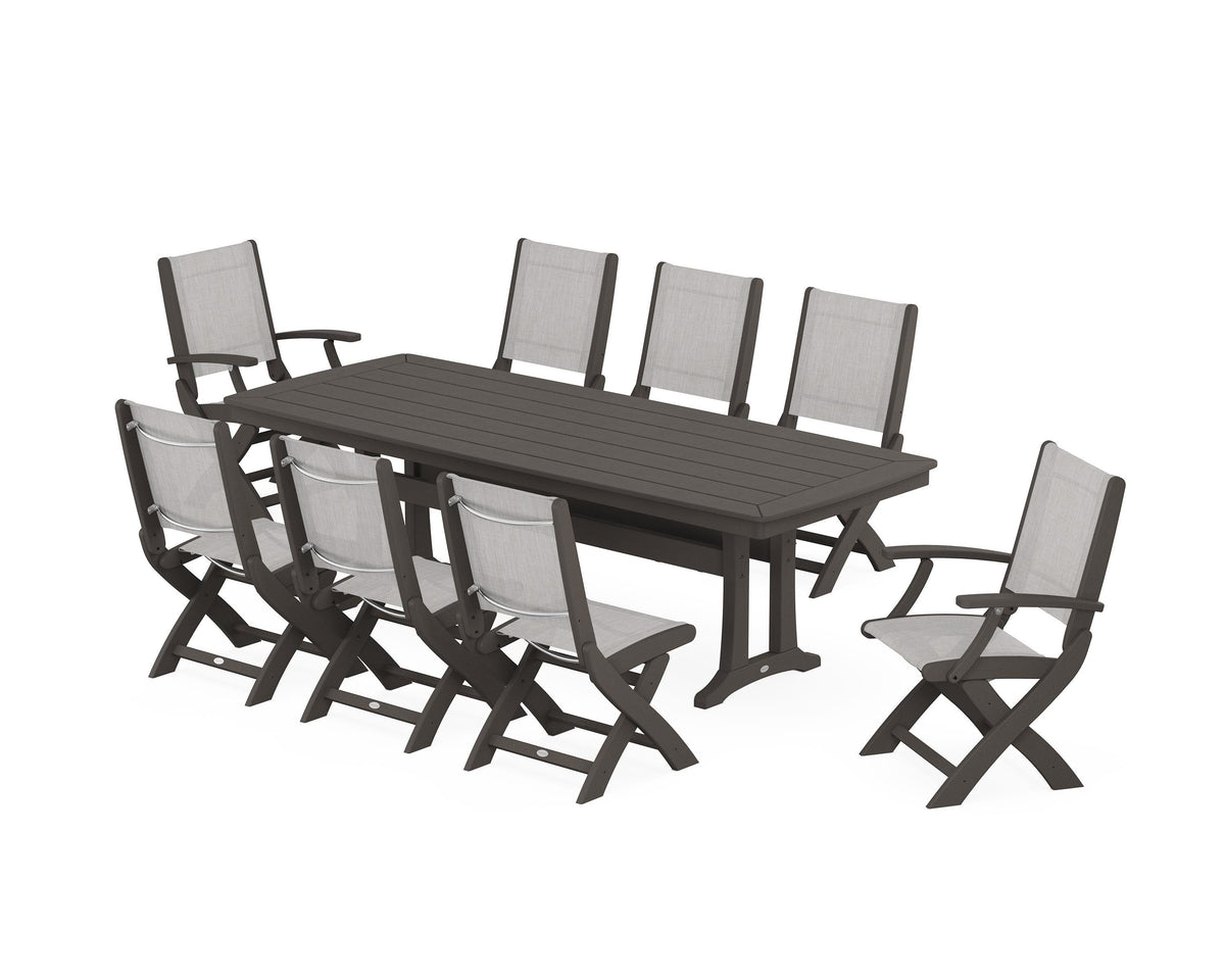 POLYWOOD Coastal Folding 9-Piece Dining Set with Trestle Legs in Vintage Coffee / Parchment