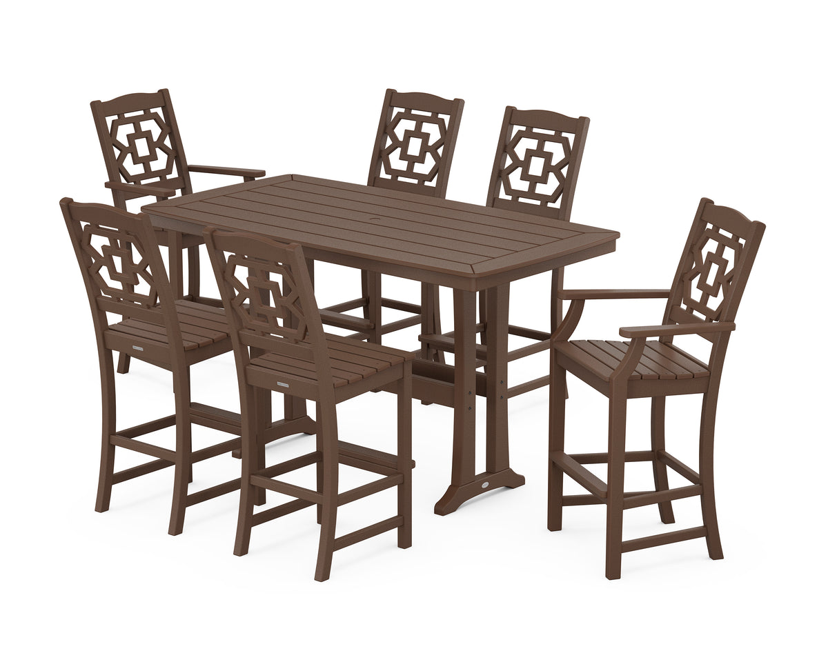 POLYWOOD Chinoiserie 7-Piece Bar Set with Trestle Legs in Mahogany