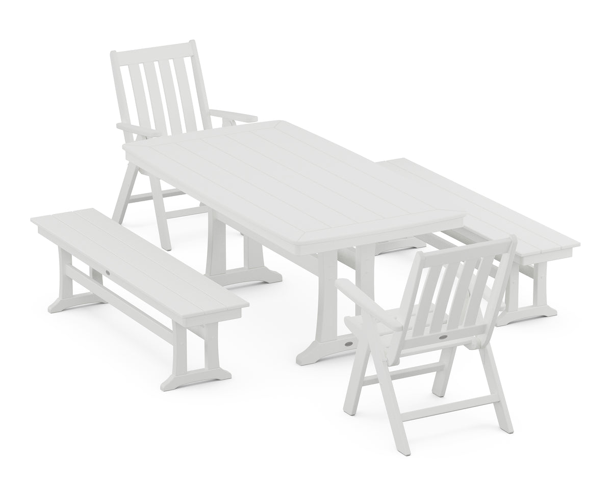 POLYWOOD Vineyard Folding Chair 5-Piece Dining Set with Trestle Legs and Benches in White