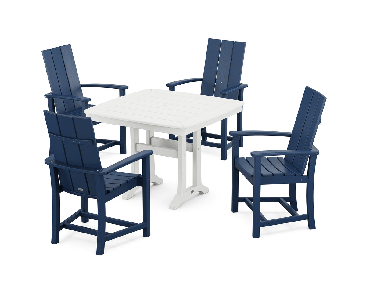 POLYWOOD Modern Adirondack 5-Piece Dining Set with Trestle Legs with Modern Adirondack Dining Chair in Navy / White