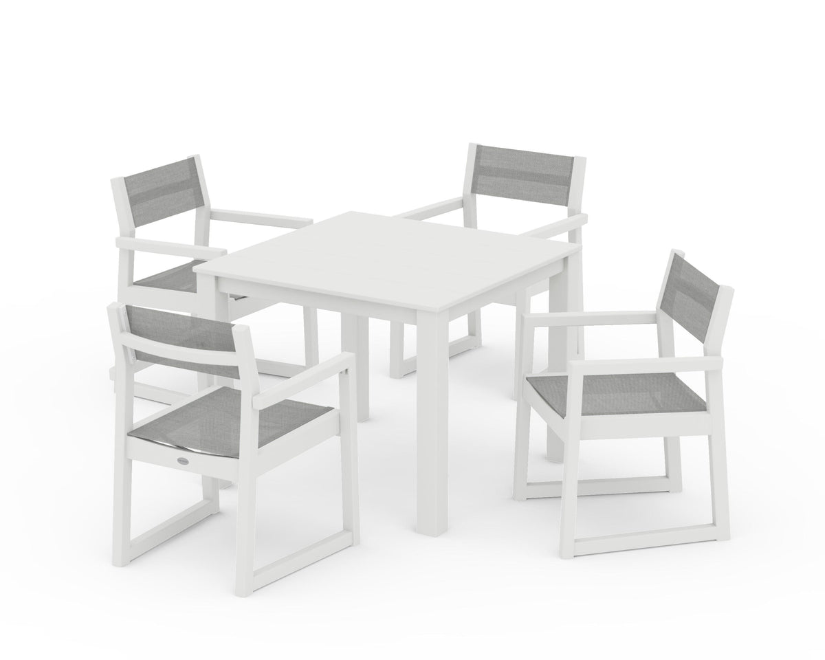 POLYWOOD EDGE Sling Arm Chair 5-Piece Parsons Dining Set in Vintage White / Metallic