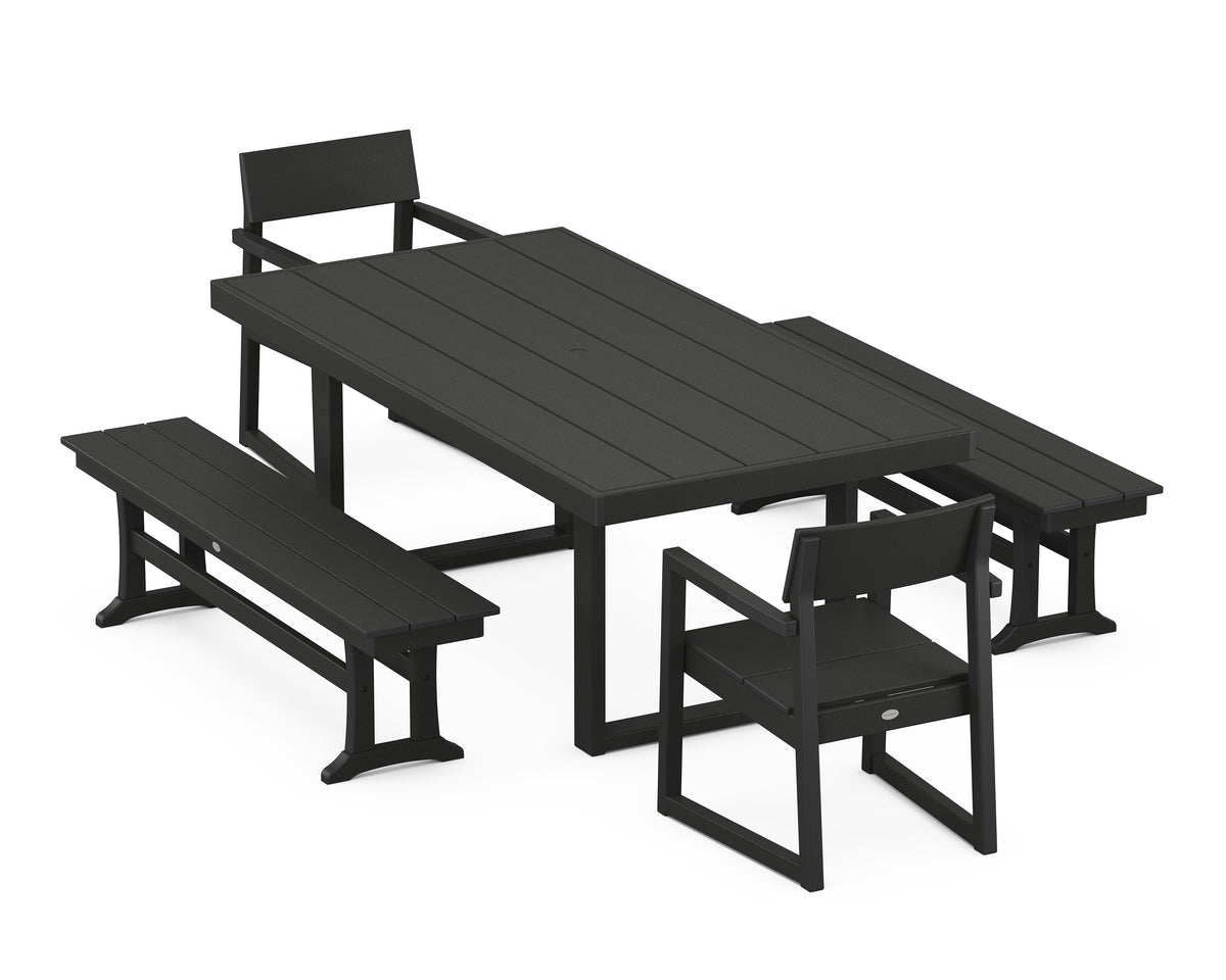 POLYWOOD EDGE 5-Piece Dining Set with Benches (EDGE 40" x 78" Table) in Black