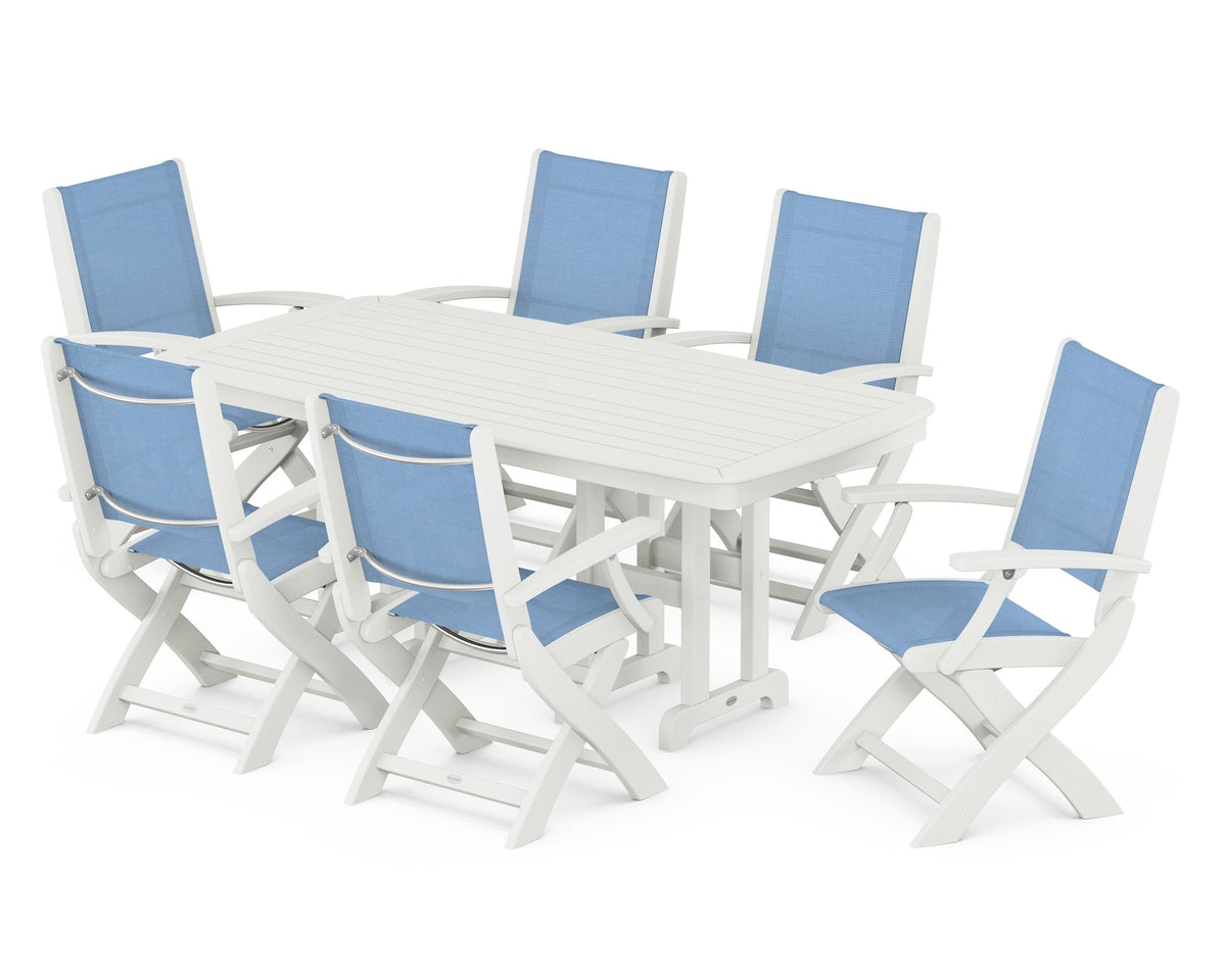 POLYWOOD Coastal Folding Arm Chair 7-Piece Dining Set in Vintage White / Poolside