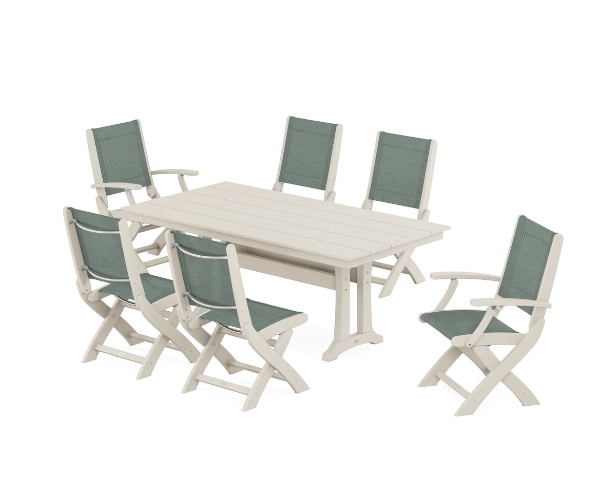 POLYWOOD Coastal Folding Chair 7-Piece Farmhouse Dining Set with Trestle Legs in Sand / Dupioni Sea Mist