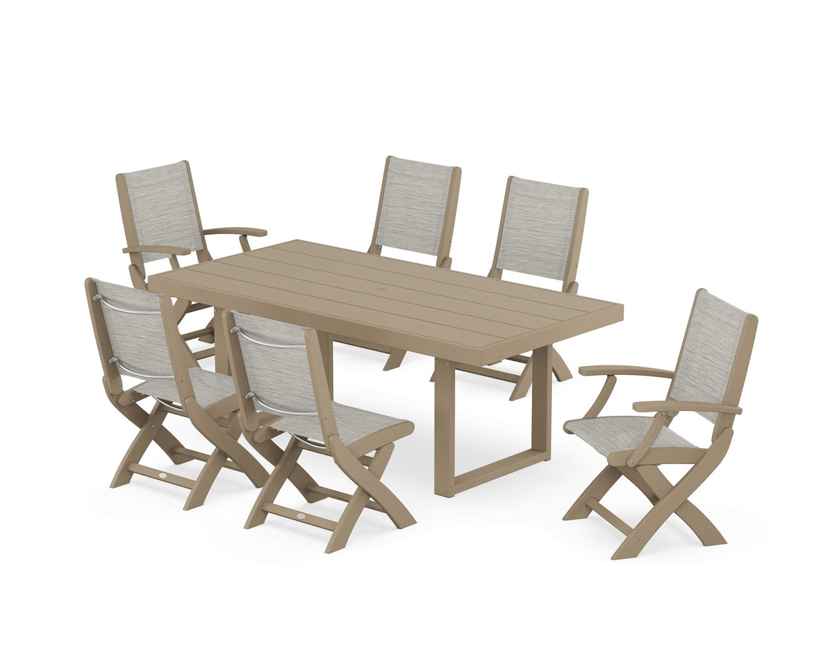 POLYWOOD Coastal Folding Chair 7-Piece Dining Set with Trestle Legs with EDGE 40" x 78" Dining Table in Vintage Sahara / Birch