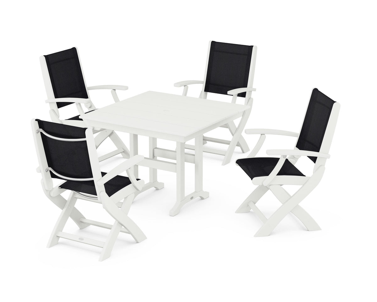 POLYWOOD Coastal Folding Chair 5-Piece Farmhouse Dining Set in Vintage White / Black