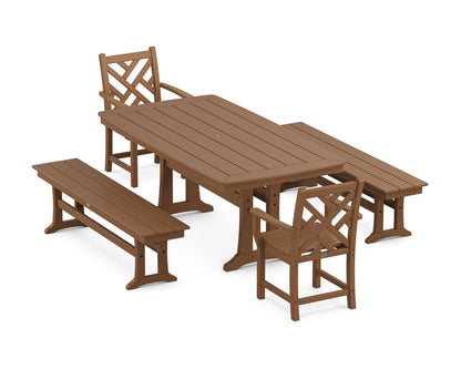 POLYWOOD Chippendale 5-Piece Dining Set with Trestle Legs - 38" x 73" Table in Teak