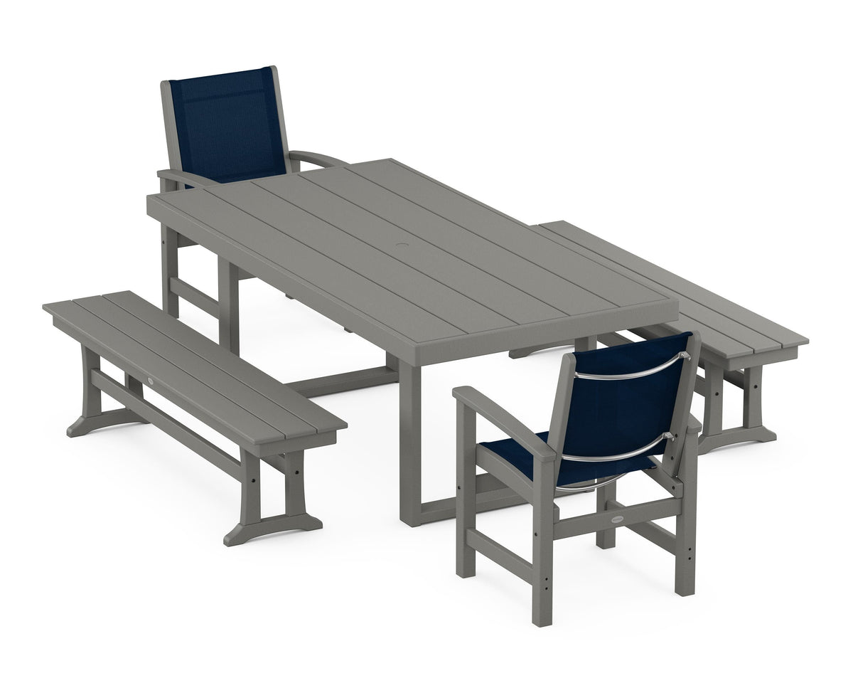 POLYWOOD Coastal 5-Piece Dining Set with Trestle Legs with EDGE 40" x 78" Dining Table in Slate Grey / Navy Blue