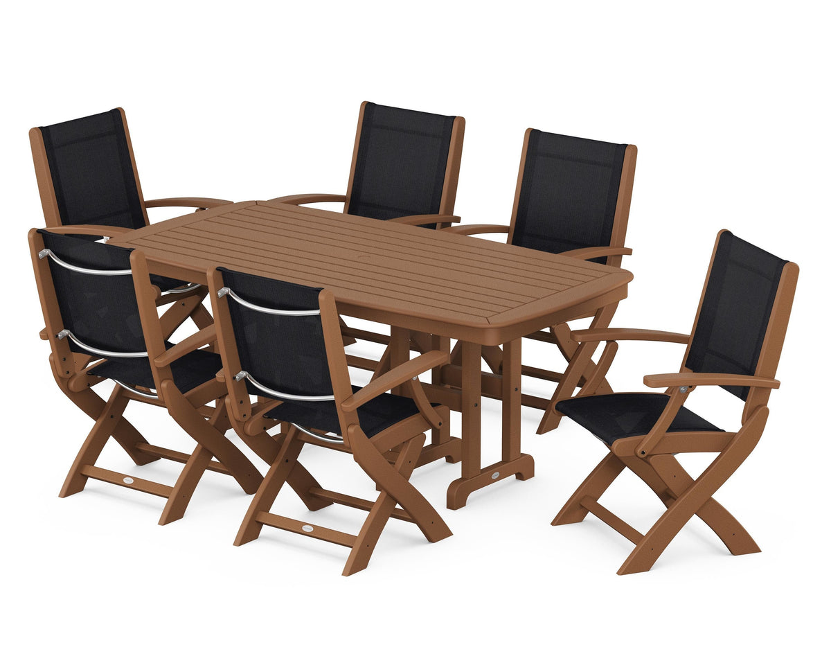 POLYWOOD Coastal Folding Arm Chair 7-Piece Dining Set in Teak / Black