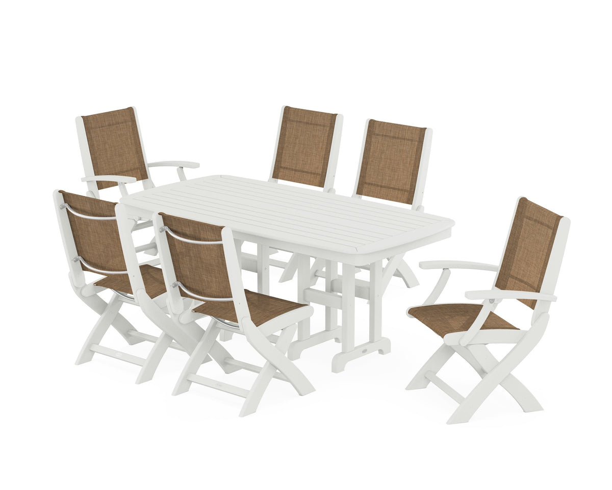 POLYWOOD Coastal Folding Chair 7-Piece Dining Set in Vintage White / Burlap