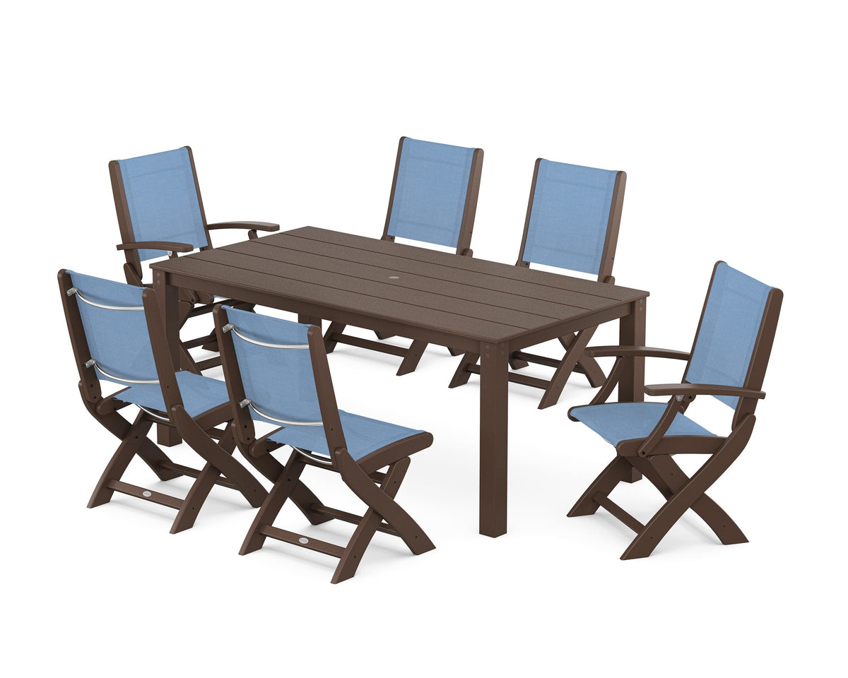 POLYWOOD Coastal Folding Chair 7-Piece Parsons Dining Set with Coastal Folding Side Chair in Mahogany / Poolside
