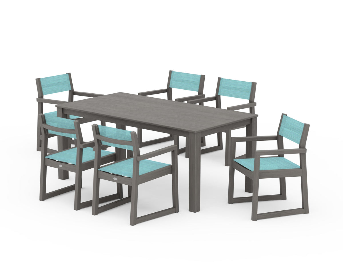 POLYWOOD EDGE Sling Arm Chair 7-Piece Parsons Dining Set in Driftwood / Dupioni Aquamarine