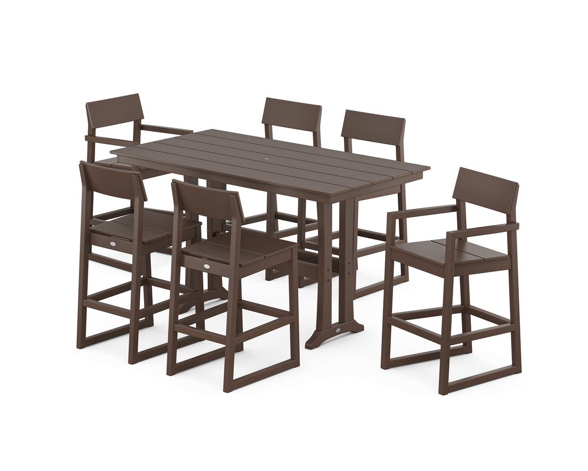 POLYWOOD EDGE 7-Piece Farmhouse Bar Set with Trestle Legs in Mahogany