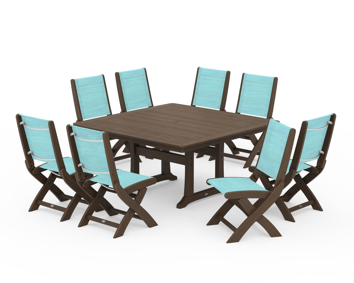 POLYWOOD Coastal Folding Side Chair 9-Piece Dining Set with Trestle Legs in Kona / Dupioni Aquamarine