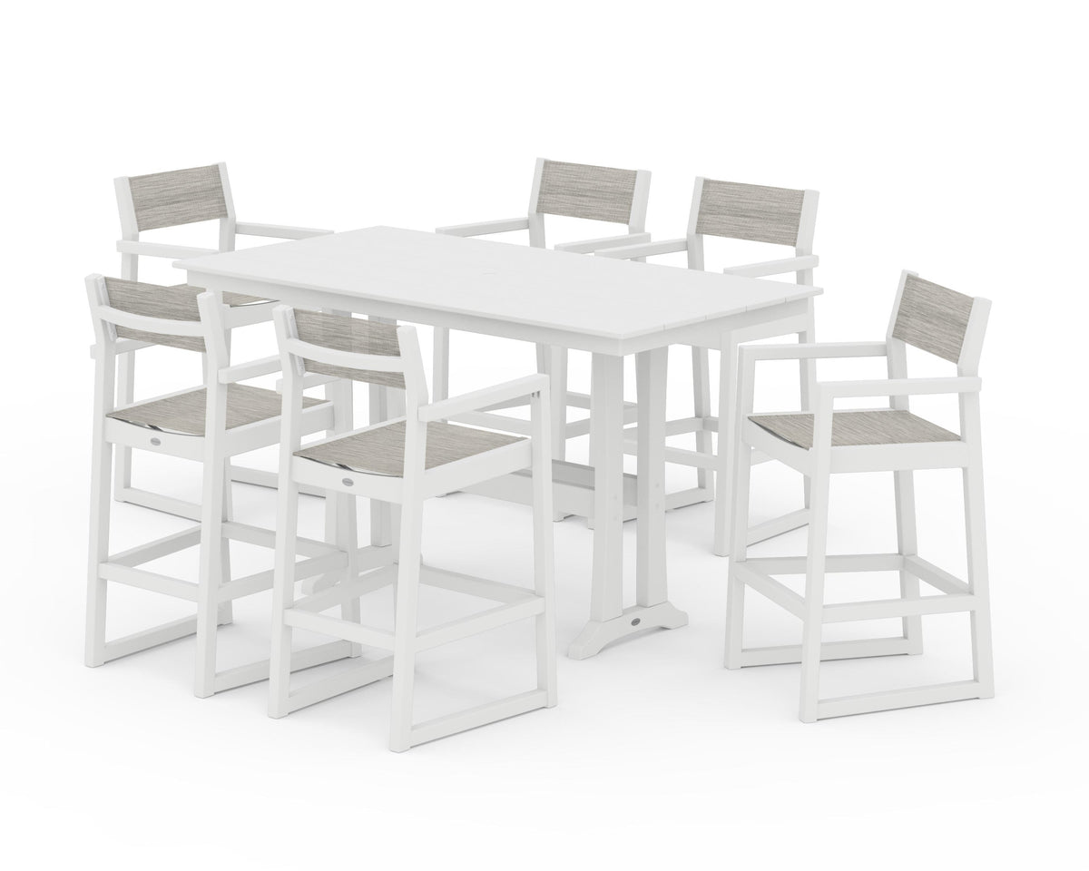POLYWOOD EDGE Sling Arm Chair 7-Piece Farmhouse Bar Set with Trestle Legs in White / Birch