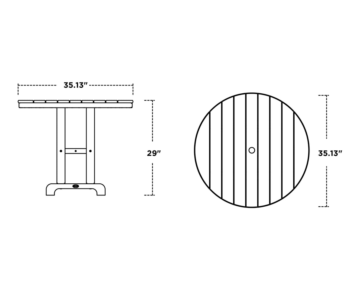 POLYWOOD 36" Round Farmhouse Dining Table dimension drawing with width, depth and height measurements