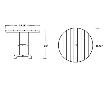 POLYWOOD 36" Round Farmhouse Dining Table dimension drawing with width, depth and height measurements
