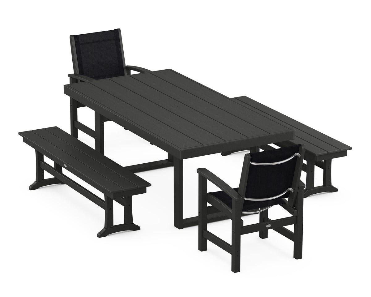 POLYWOOD Coastal 5-Piece Dining Set with Trestle Legs with EDGE 40" x 78" Dining Table in Black / Black