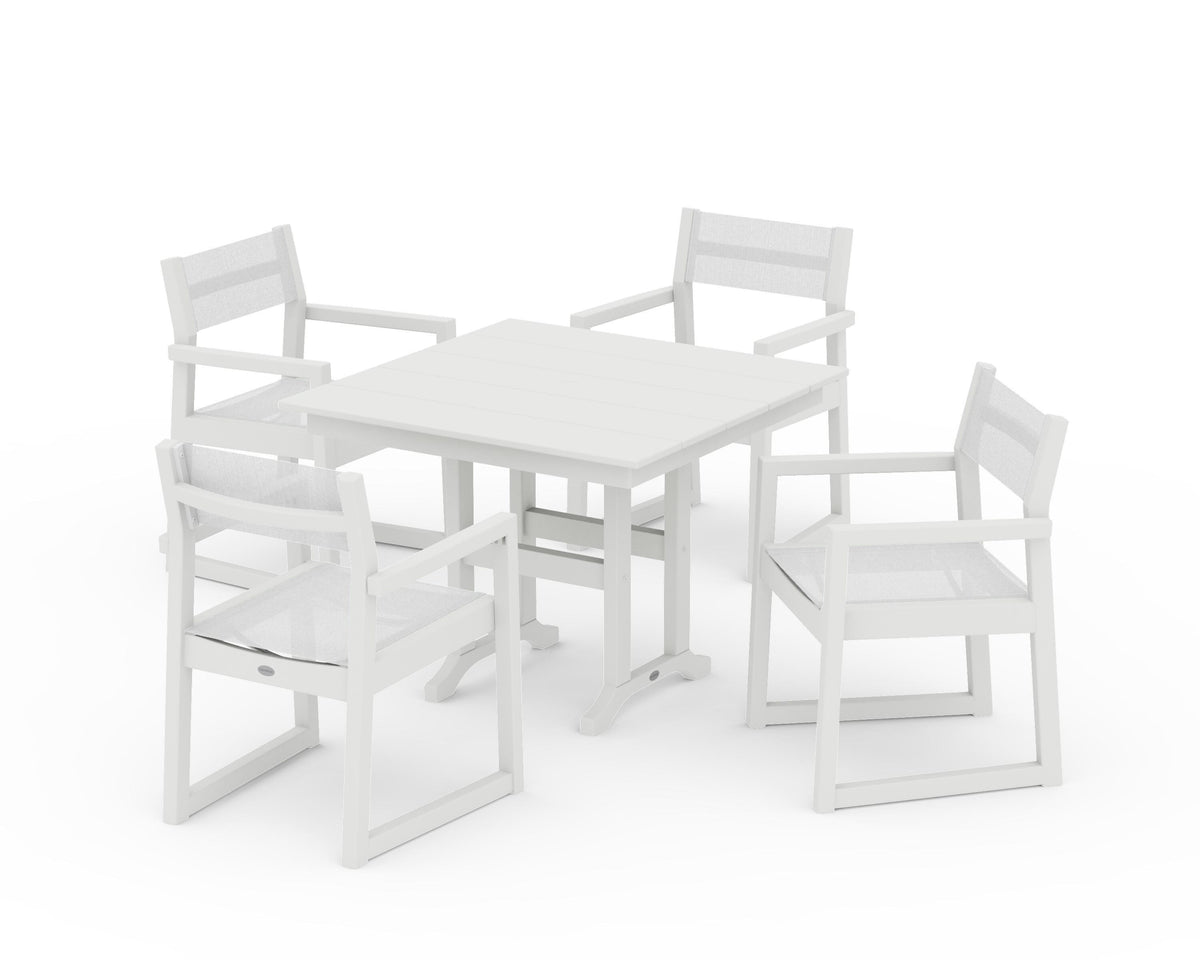 POLYWOOD EDGE Sling Arm Chair 5-Piece Farmhouse Dining Set in Vintage White / White