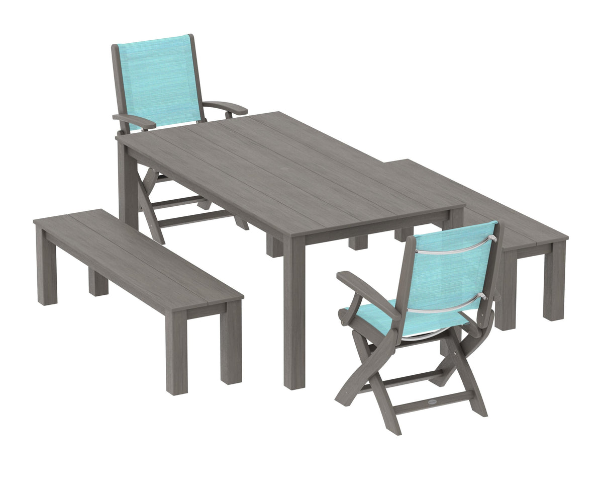 POLYWOOD Coastal Folding Chair 5-Piece Parsons Dining Set with Benches in Driftwood / Dupioni Aquamarine