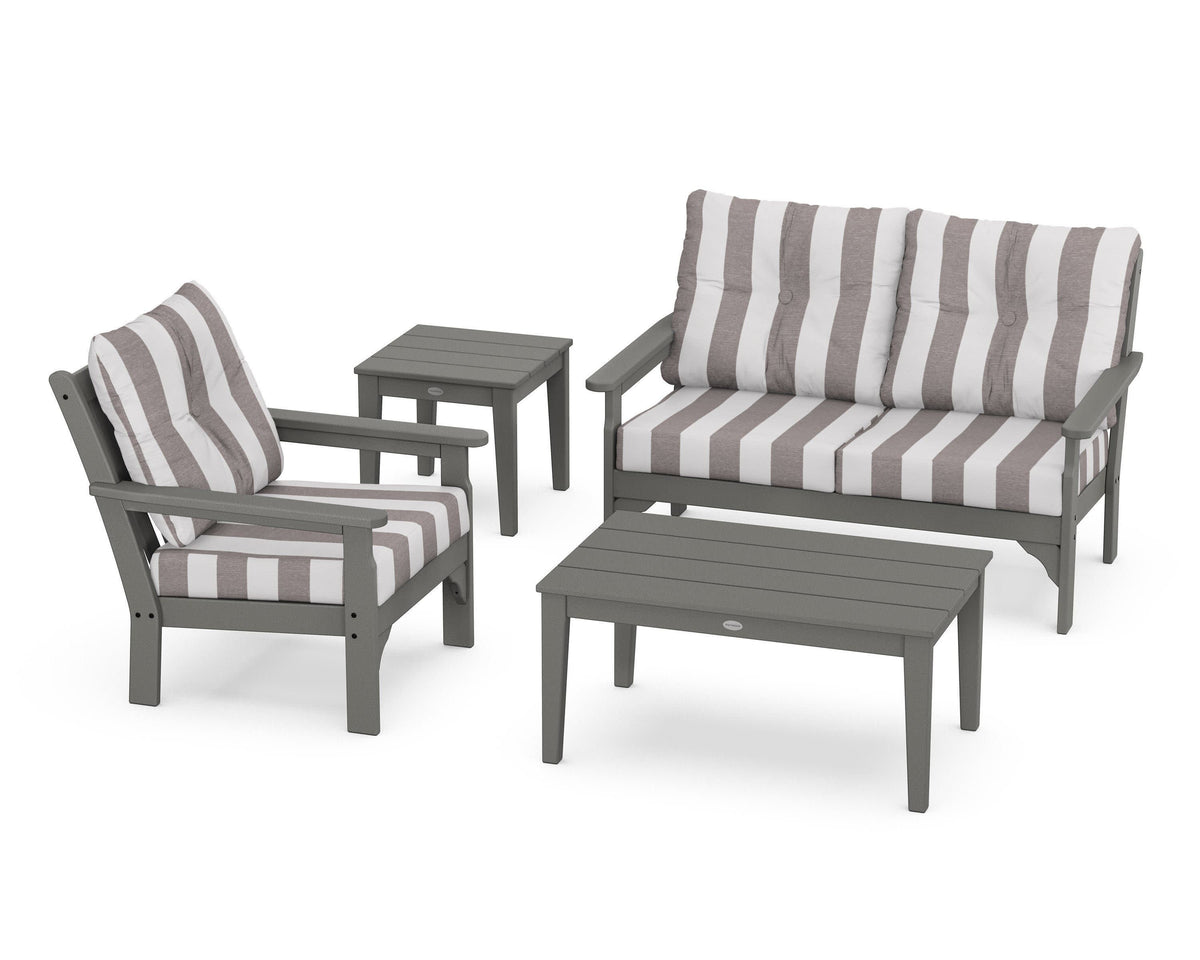 POLYWOOD Vineyard 4-Piece Deep Seating Set with 36" Coffee Table in Slate Grey / Cabana Stripe Grey Mist