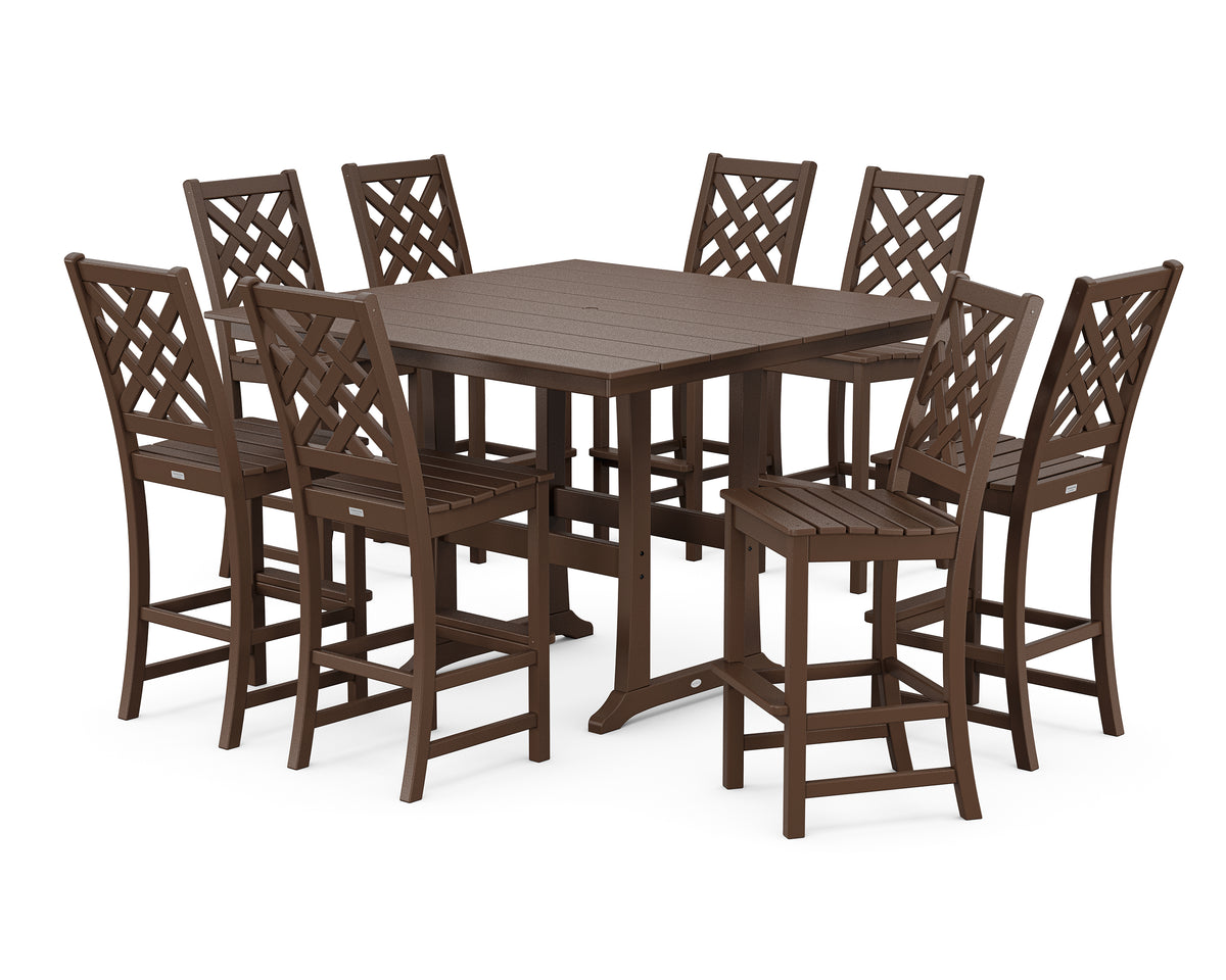 POLYWOOD Country Living Wovendale Side Chair 9-Piece Square Farmhouse Bar Set with Trestle Legs in Mahogany