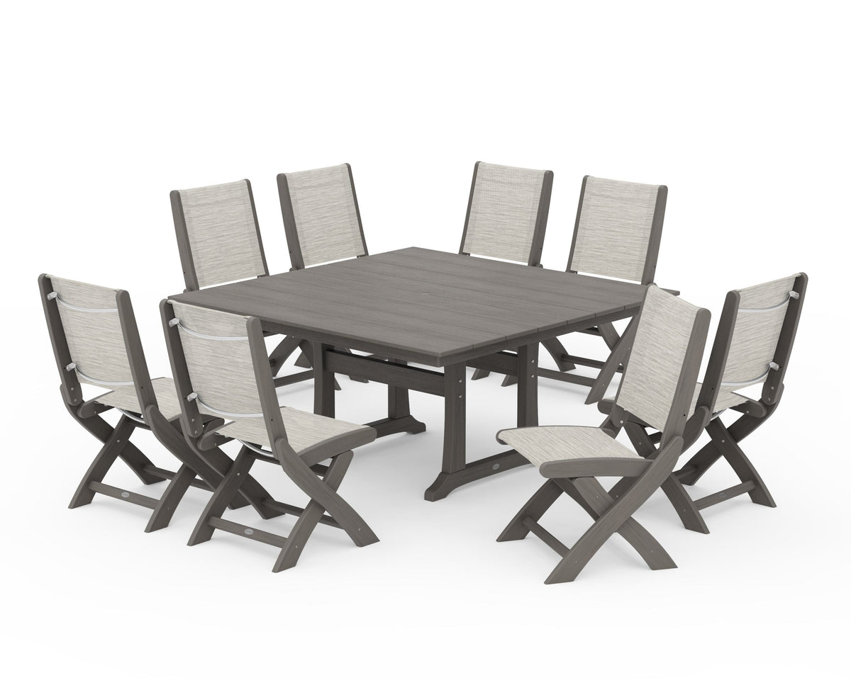 POLYWOOD Coastal Folding Side Chair 9-Piece Farmhouse Dining Set in Driftwood / Birch