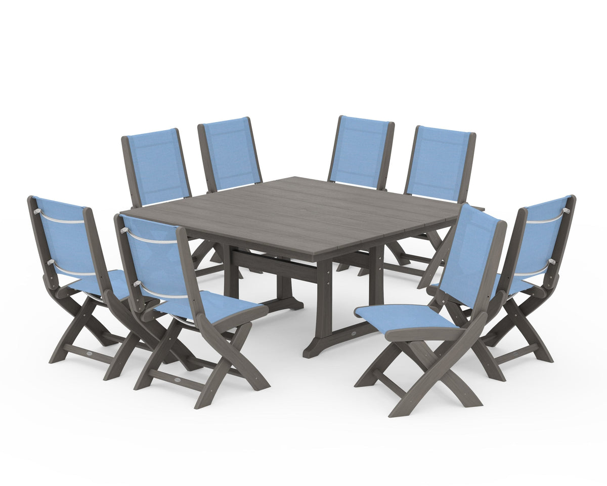 POLYWOOD Coastal Folding Side Chair 9-Piece Farmhouse Dining Set in Driftwood / Poolside