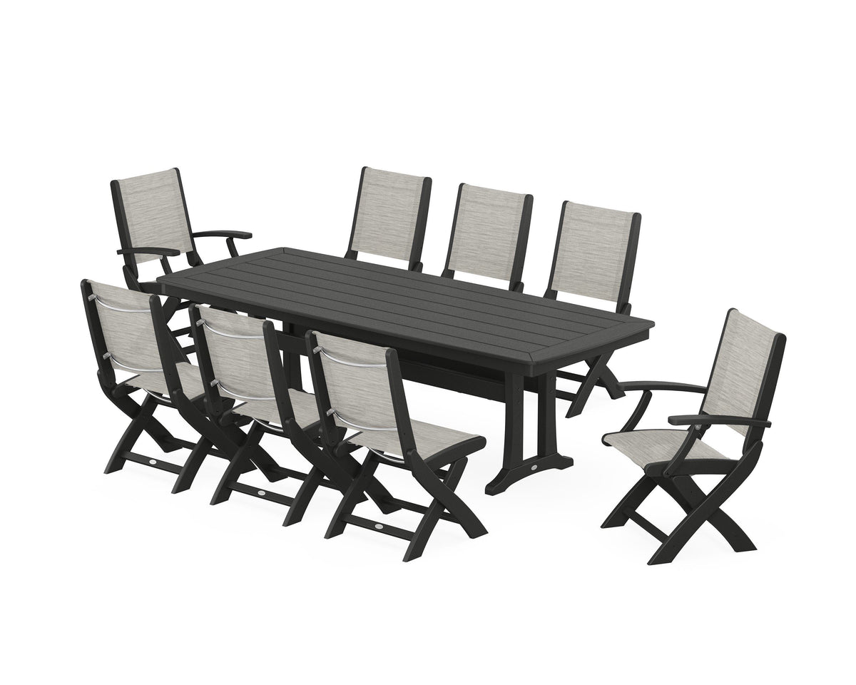 POLYWOOD Coastal Folding 9-Piece Dining Set with Trestle Legs in Black / Birch