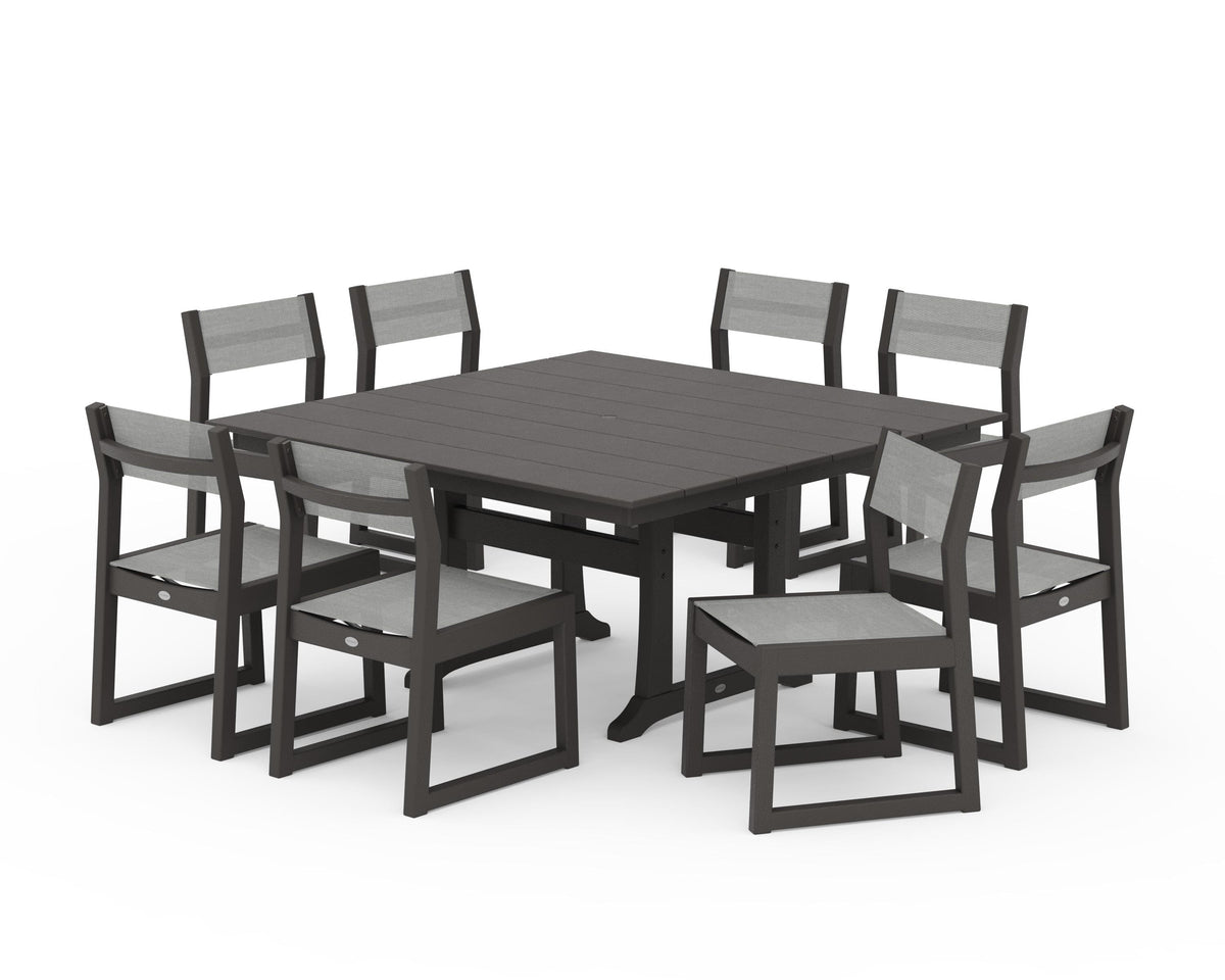 POLYWOOD EDGE Sling Side Chair 9-Piece Farmhouse Trestle Dining Set in Vintage Coffee / Metallic