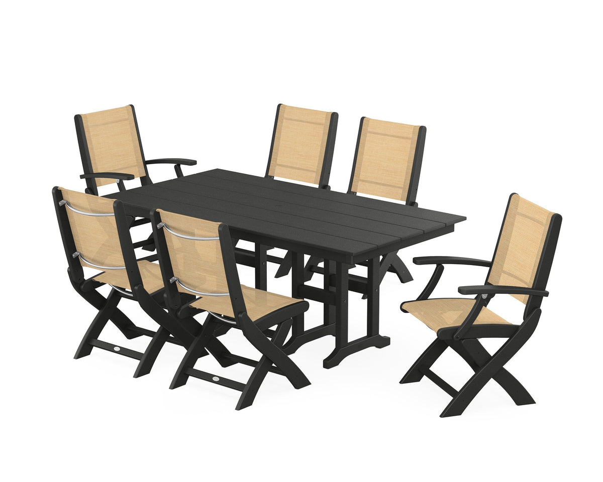 POLYWOOD Coastal Folding Chair 7-Piece Farmhouse Dining Set in Black / Dupioni Apricot