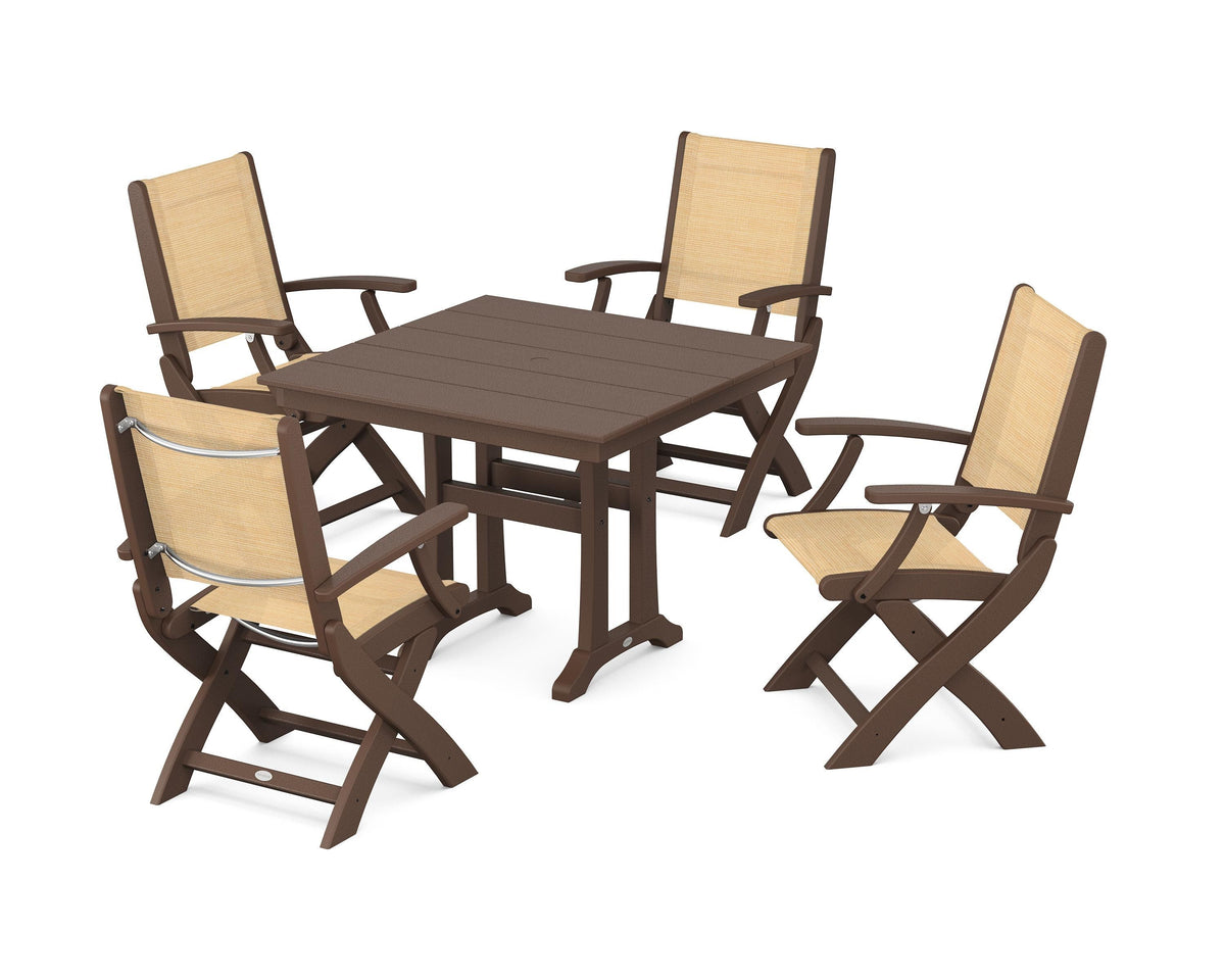 POLYWOOD Coastal Folding Chair 5-Piece Farmhouse Dining Set With Trestle Legs in Mahogany / Dupioni Apricot