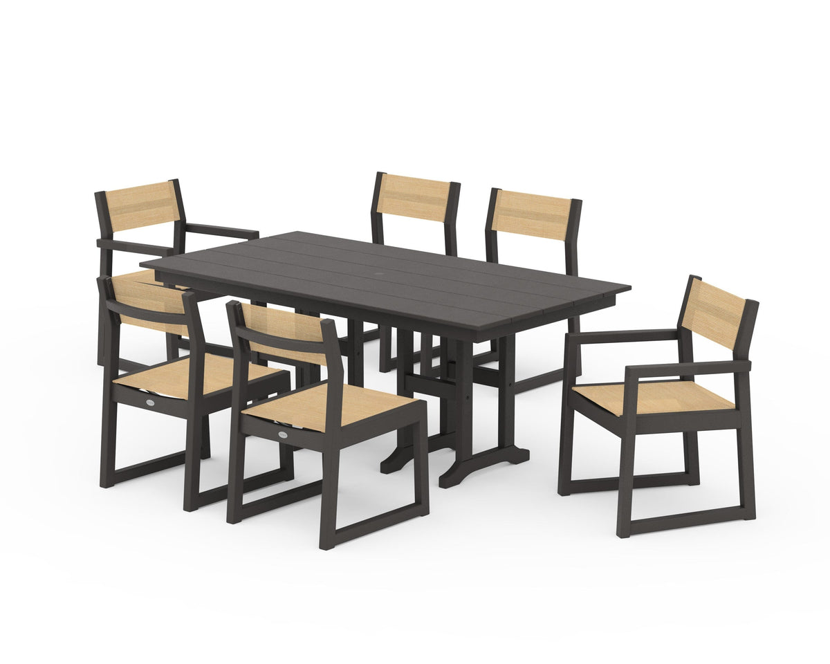 POLYWOOD EDGE Sling 7-Piece Farmhouse Dining Set in Vintage Coffee / Dupioni Apricot